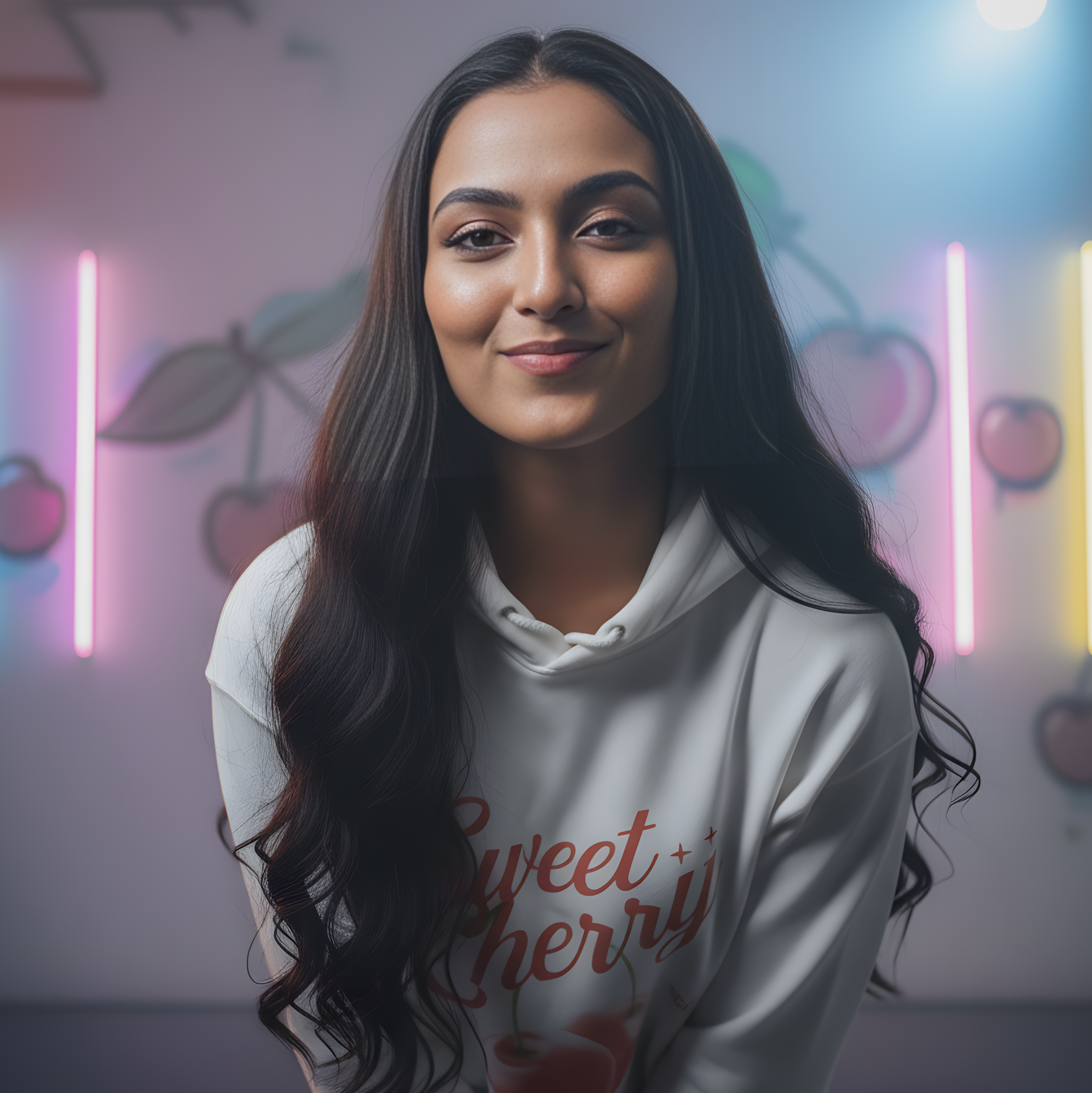 Woman wearing a 'sweet cherry' hoodie in a room with neon lights and wall art.