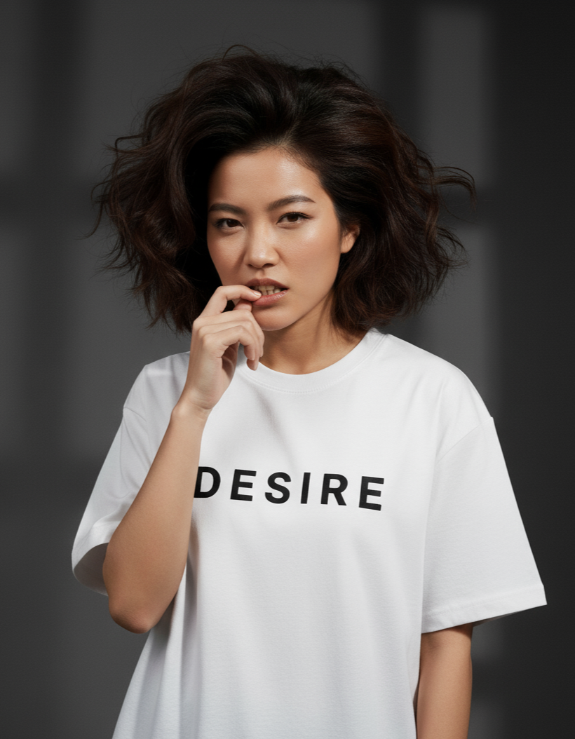 Person wearing a white t-shirt with 'DESIRE' text on a dark background