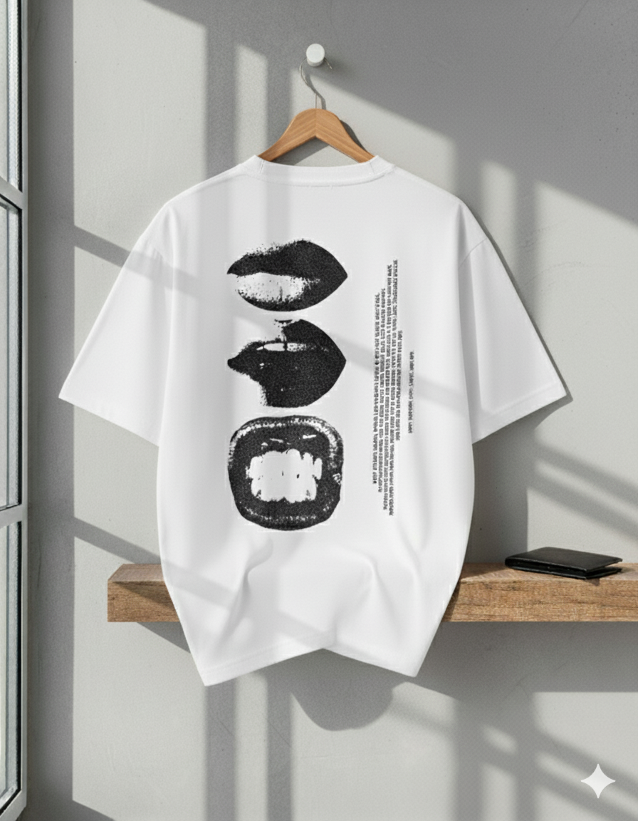 White t-shirt with black graphics on a wooden hanger against a gray wall.