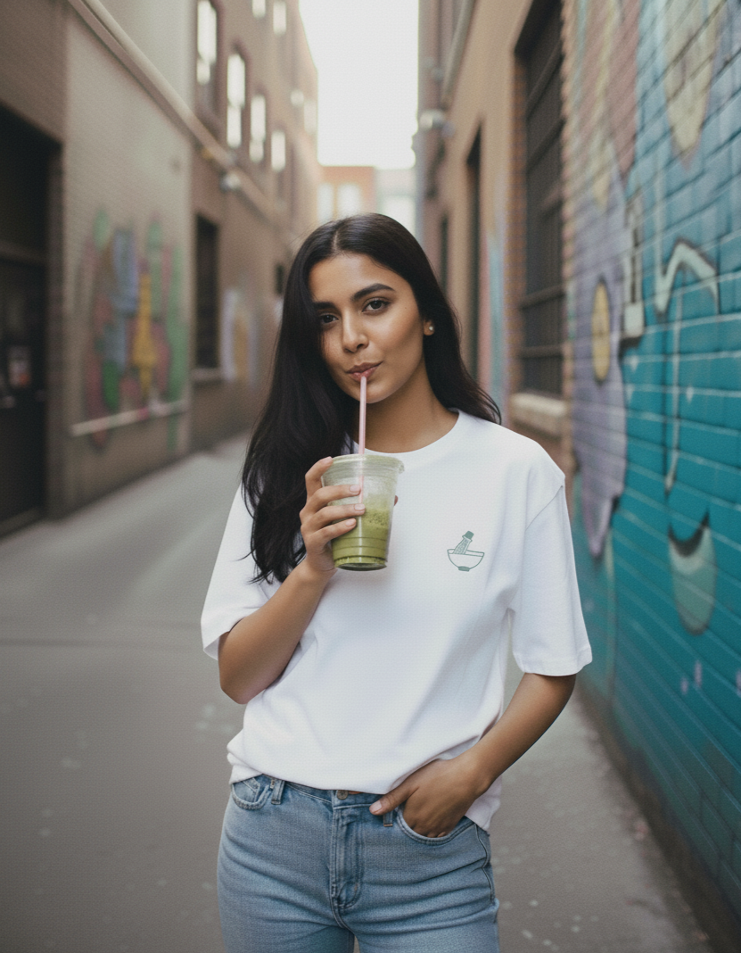 Woman holding a drink with a straw against a colorful mural in an alley.