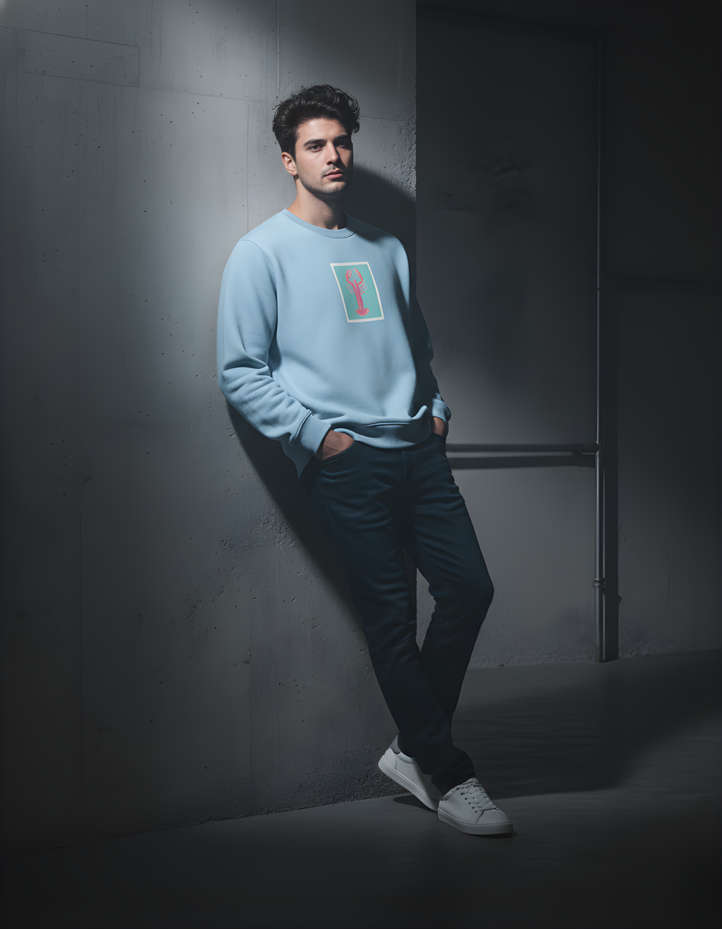 Man wearing a light blue sweatshirt with a logo, dark jeans, and white sneakers against a dark wall.