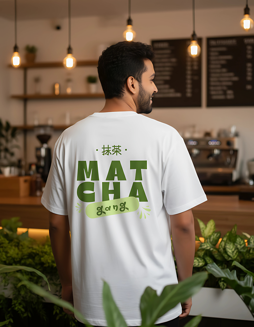 Man wearing a white t-shirt with 'Matcha' text in a cafe setting