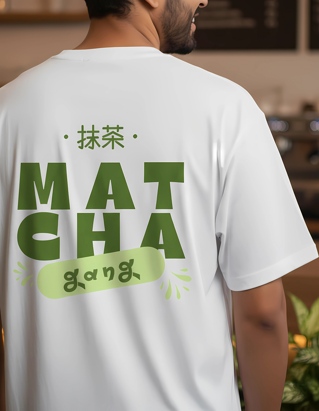 Person wearing a white t-shirt with 'MATCHA gang' text on the back.