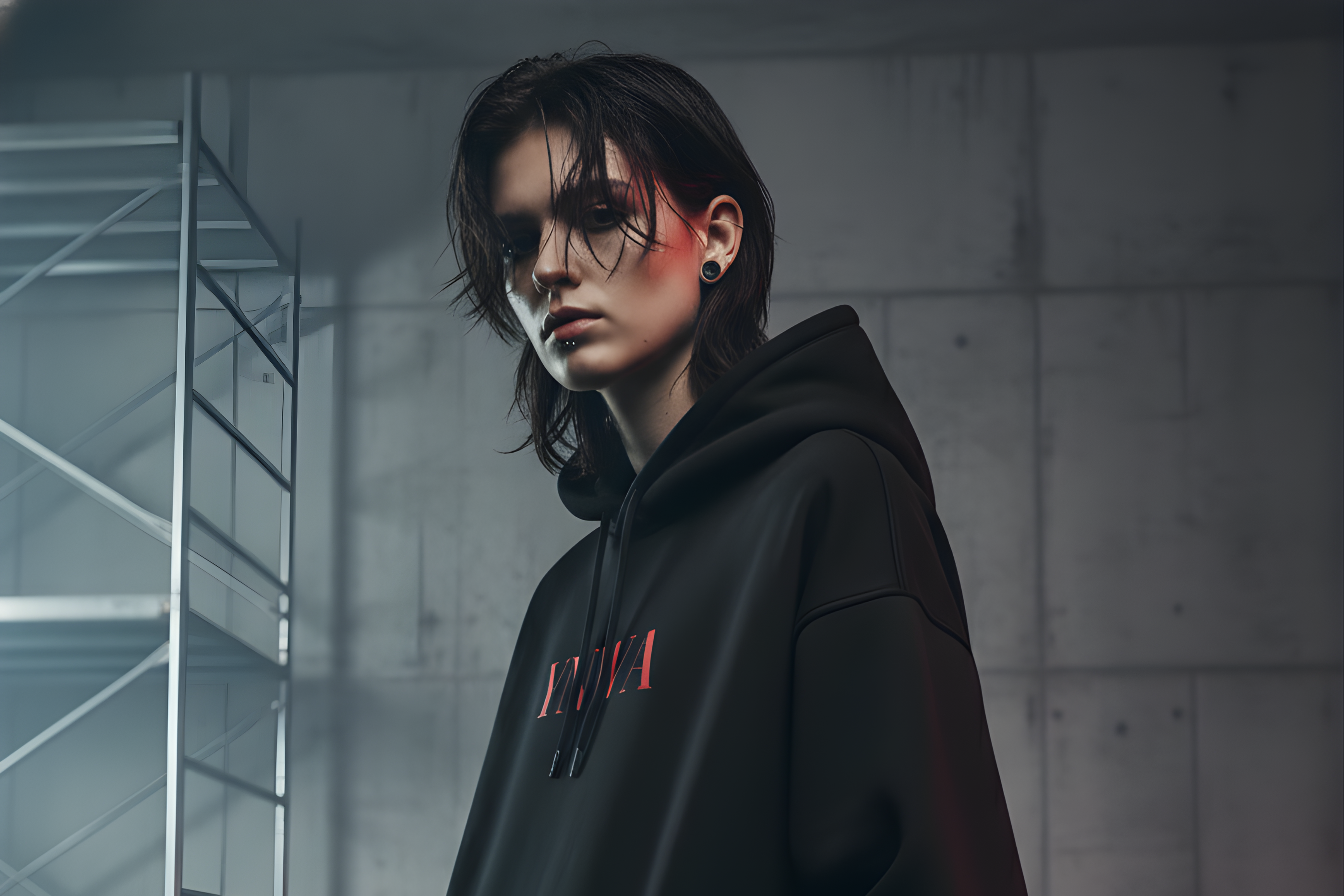 Person wearing a black hoodie with red text in a dimly lit industrial setting